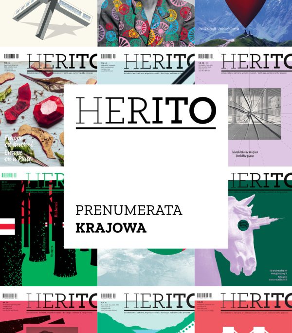 Grafika z wieloma okładkami HERITO. Po środku napis HERITO i prenumerata krajowa.