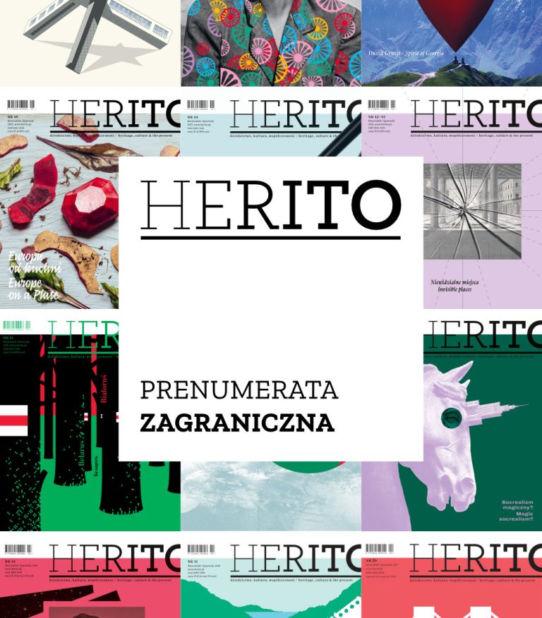Grafika z wieloma okładkami HERITO. Po środku napis HERITO prenumerata zagraniczna.