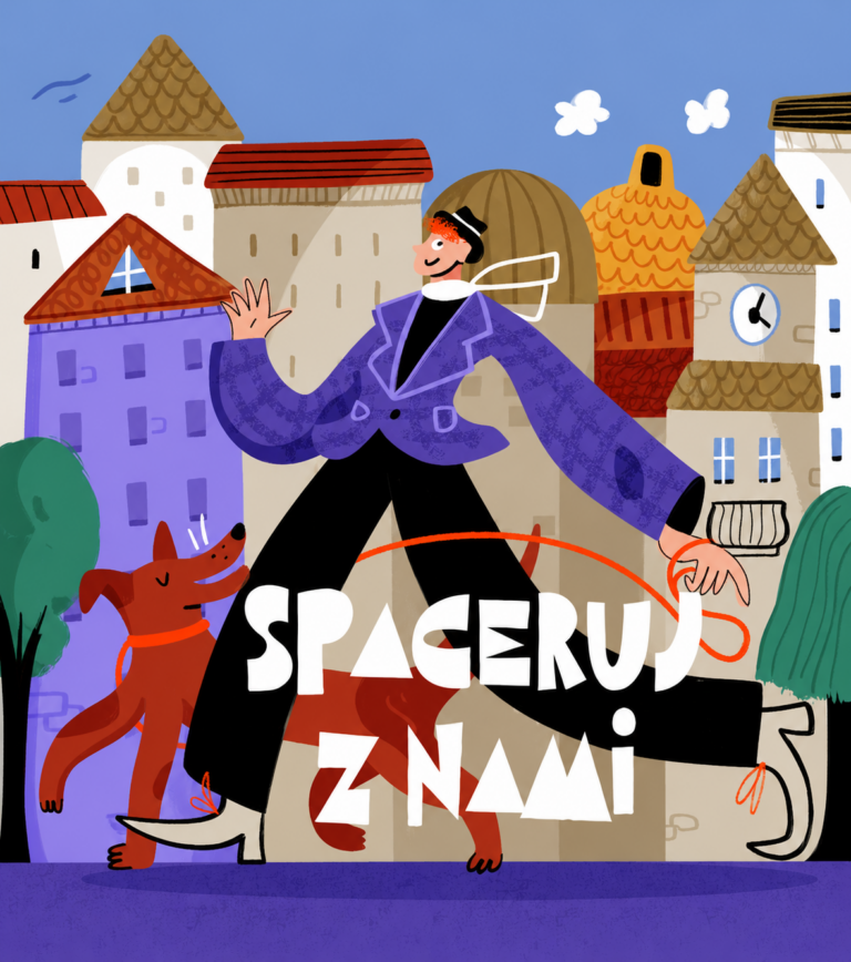 Kolorowa grafika przedstawiająca animowaną postać na tle budynków. Napis: Spaceruj z nami.
