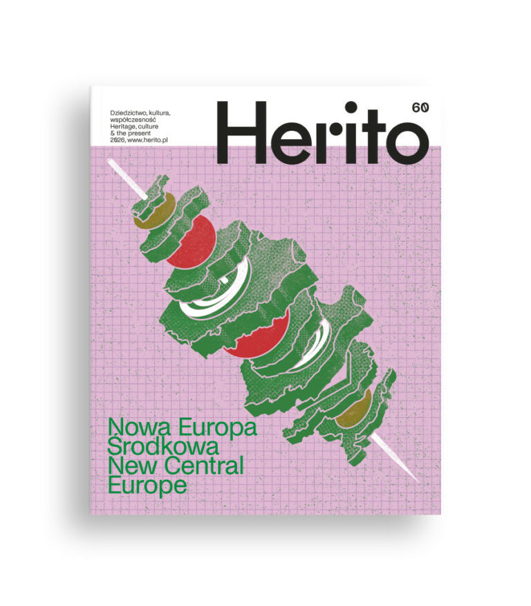 Okładka 60. numeru magazynu HERITO poświęconego Nowej Europie Środkowej. Na różowym tle z siatką widoczna jest stylizowana, warstwowa mapa regionu w zieleni z czerwonymi, białymi i złotymi elementami; u góry znajduje się duży czarny logotyp HERITO.