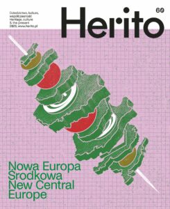 Okładka 60. numeru magazynu HERITO poświęconego Nowej Europie Środkowej. Na różowym tle z siatką widoczna jest stylizowana, warstwowa mapa regionu w zieleni z czerwonymi, białymi i złotymi elementami; u góry znajduje się duży czarny logotyp HERITO.